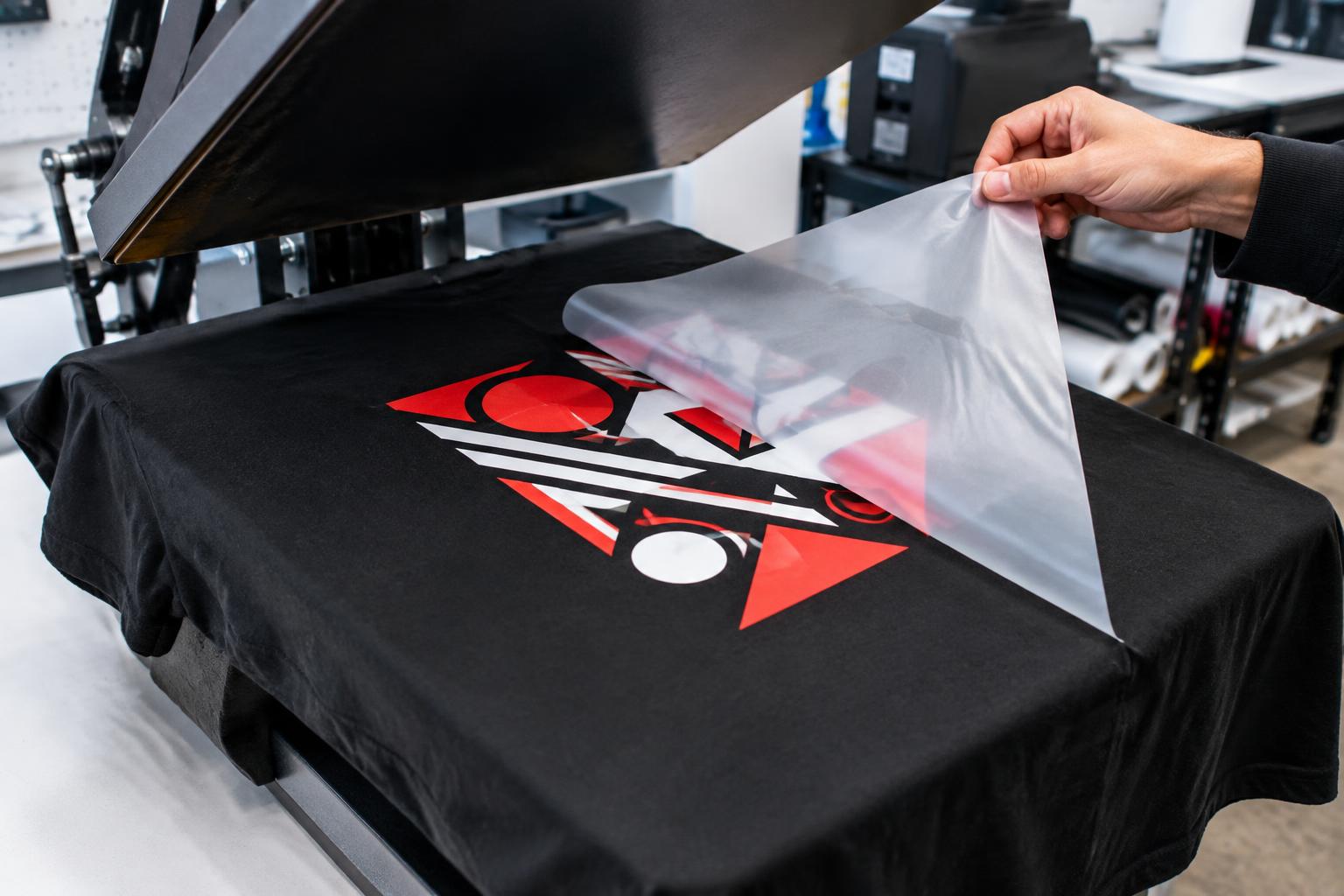 Direct-to-film transfer being peeled from a printed black T-shirt
