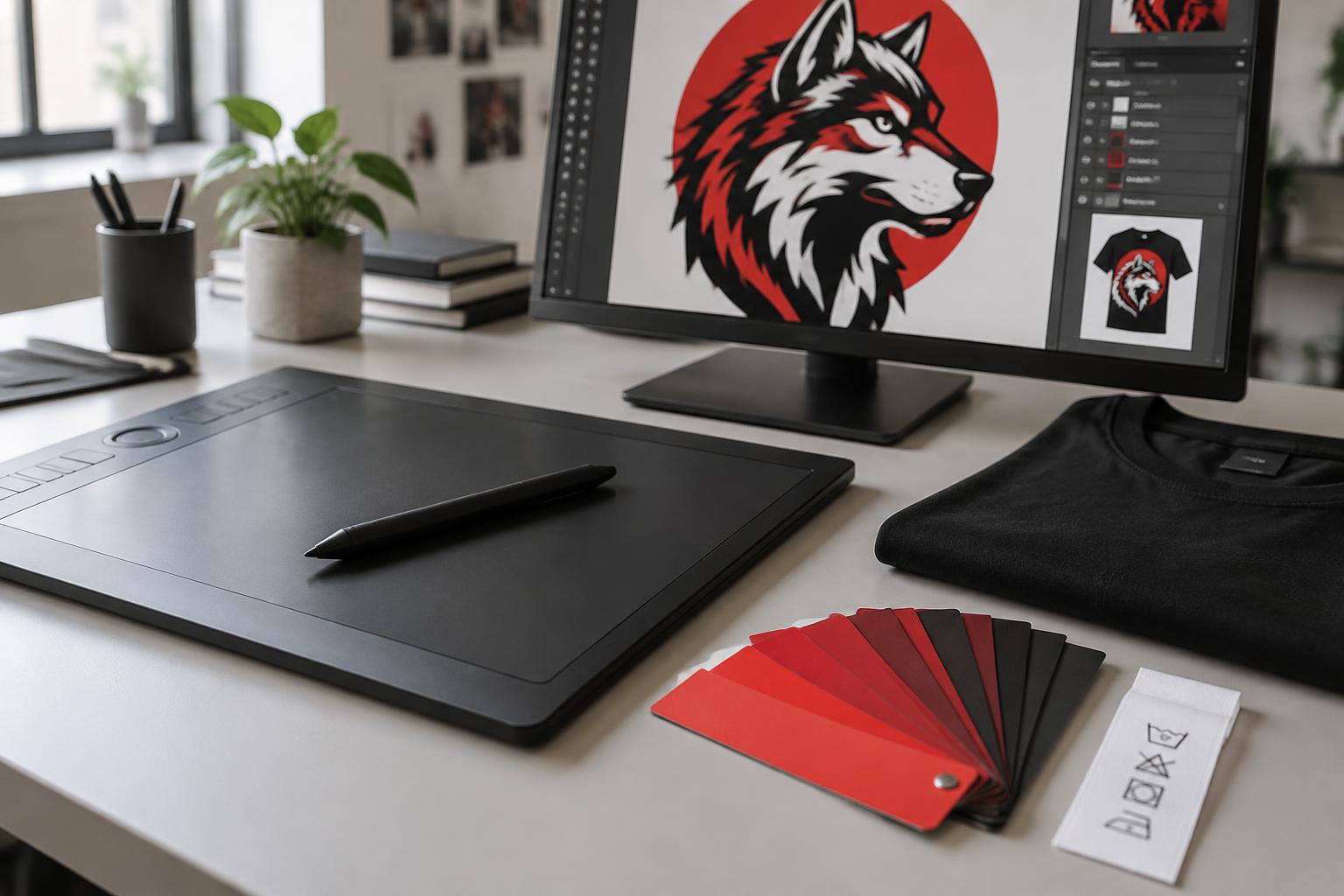 Drawing tablet, color swatch cards, and a monitor showing bold apparel artwork