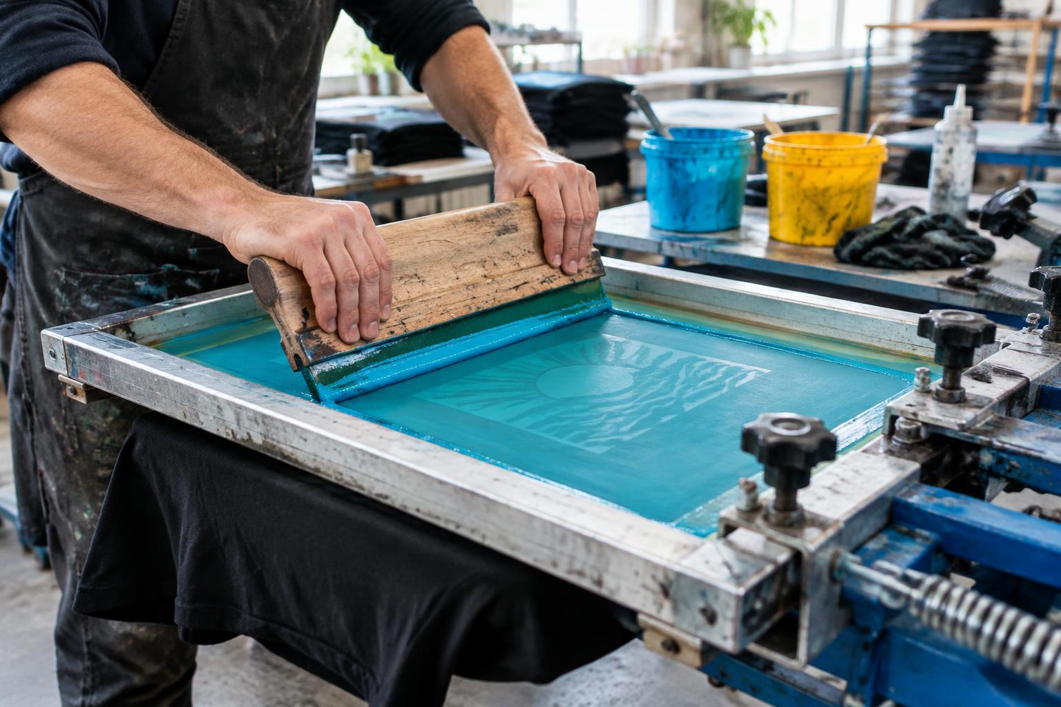 Hands screen printing a custom garment